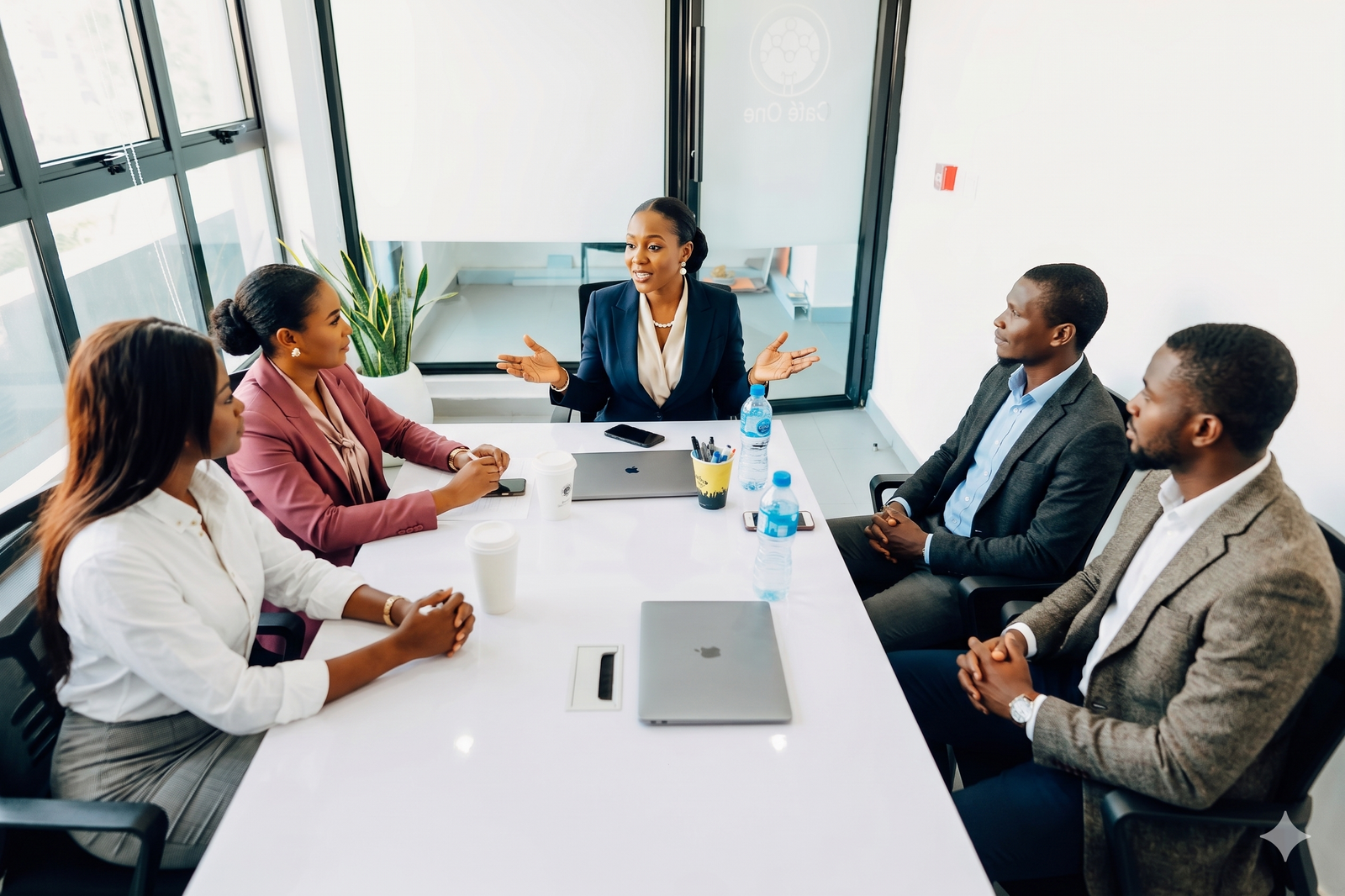 Professionals in conversation around a meeting table.